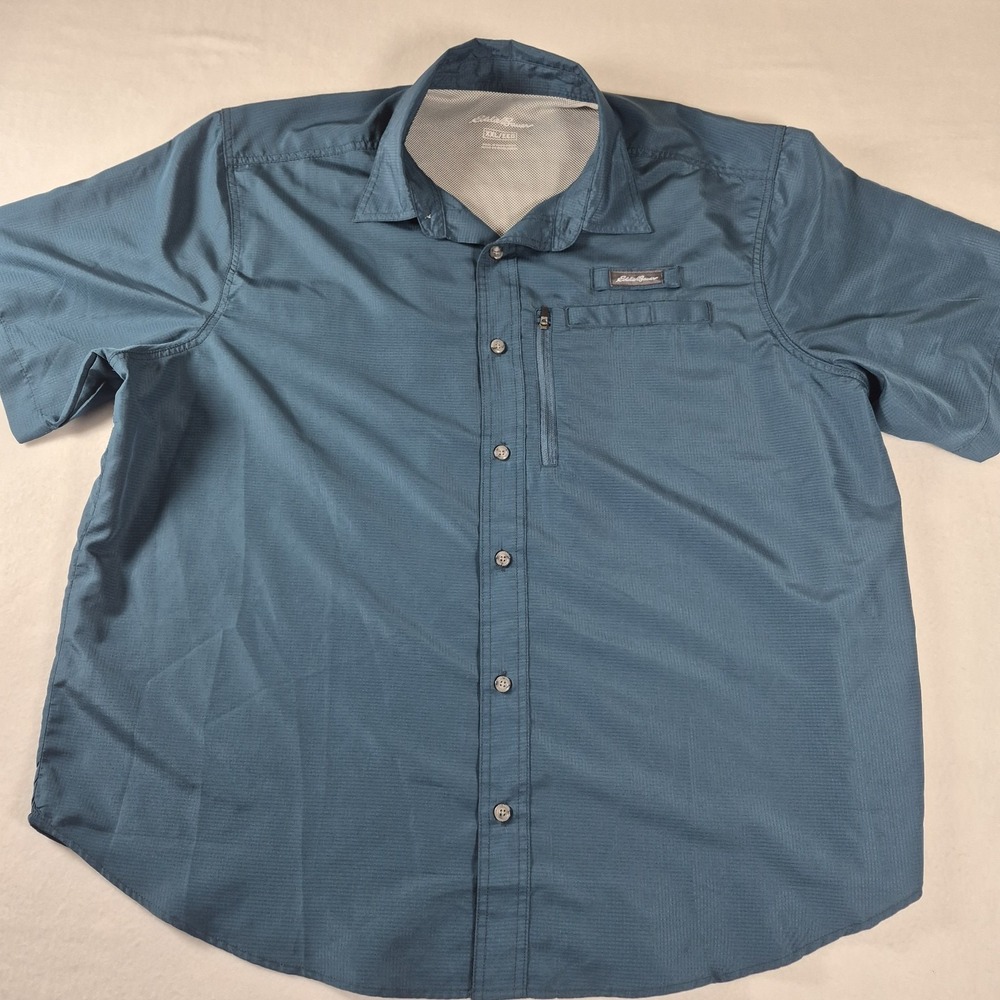 Eddie Bauer Fishing Shirt Mens XXL Blue Short Sleeve Performance‎ Zip Pocket